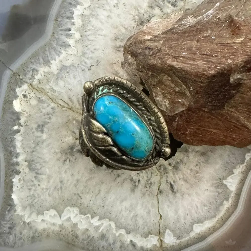 Vintage Native American Silver Turquoise w/Leaf Decoraed Ring Size 6.5 For Women